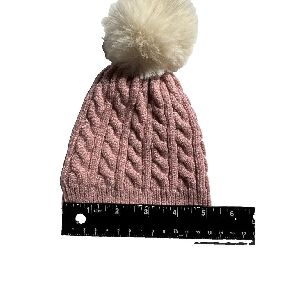 Laura Ashley Baby Beanie 0-6 Months Pink Cable Knit Faux Fur Pom Pom Winter